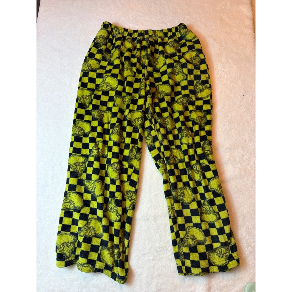 Dr. Seuss The Grinch Pajama Pants Mens Medium Green Black Checkered Fleece